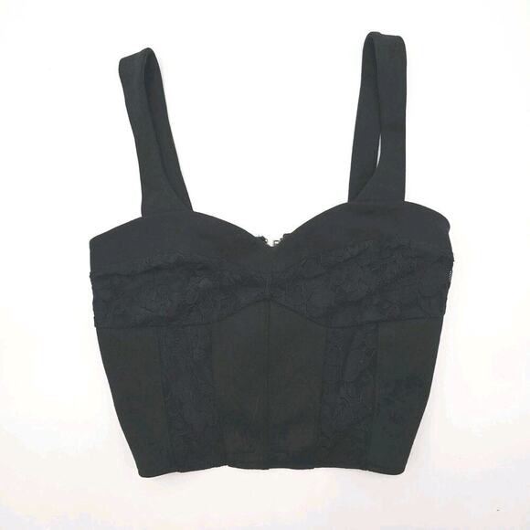 By Anthropologie Top Womens XS Black Tank Cropped Zip Back Corset Knit Lace - Picture 2 of 12